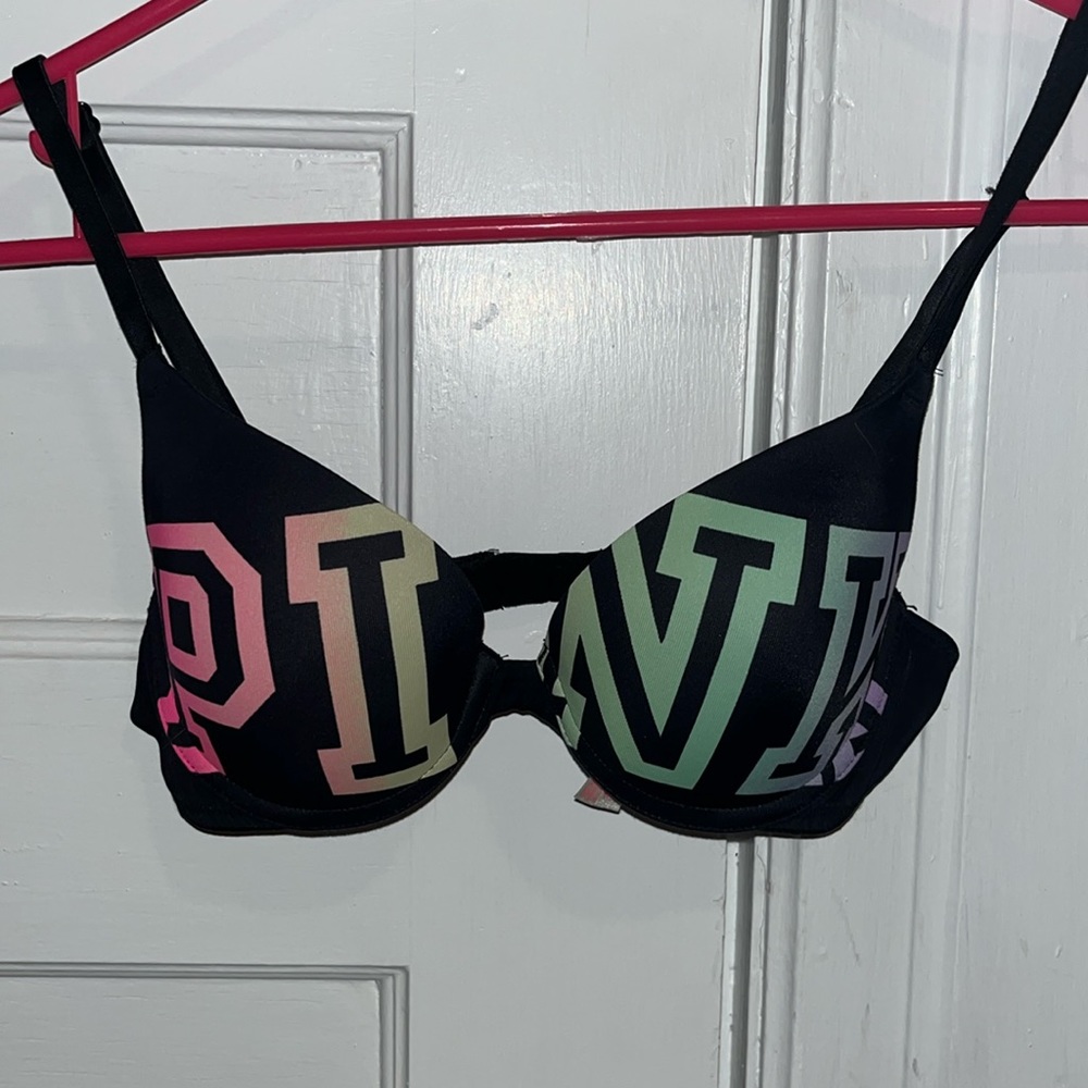Victoria’s Secret pink, push-up bra, rainbow logo